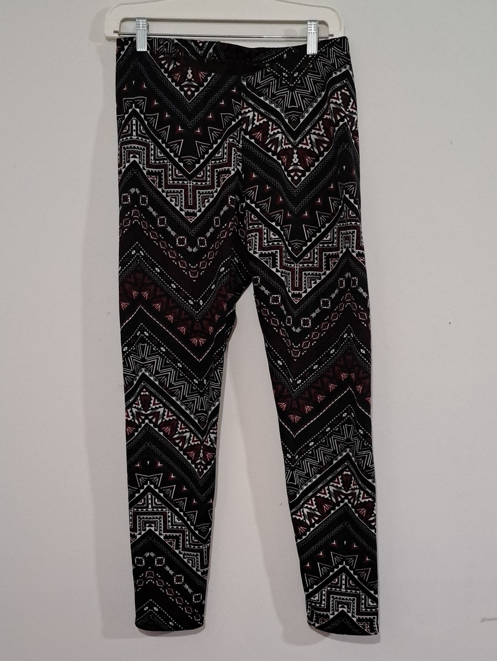 Aztec Chevron Black & White Leggings with Maroon Accents Fleece Lined